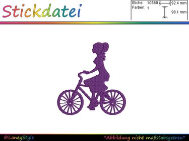 Lila einfarbige Stick-Silhouette einer Frau auf einem Fahrrad