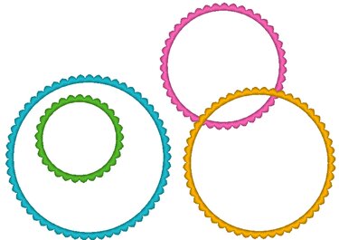 Vier runde Zierrahmen mit muschelartiger Kante in Türkis, Grün, Pink und Orange auf weißem Hintergrund