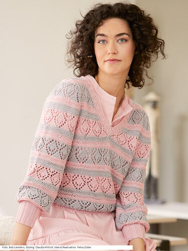 Pullover mit Ajourmusterstreifen in Rosé und Silber - Stricken