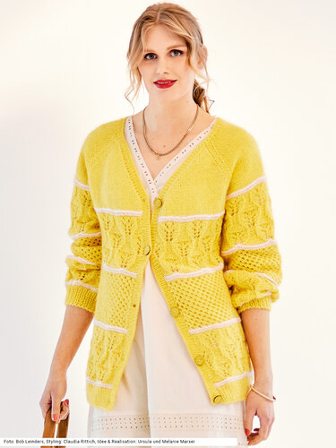 Jacke mit Musterstreifen in Gelb, Weiß, Natur - Stricken