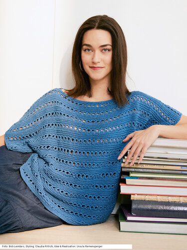 Kurzarmpulli mit Fallmaschen in Jeansblau