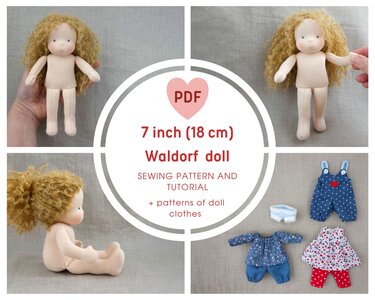 7-inch (18 cm) Waldorf-style cloth doll with curly hair in several poses and a set of tiny doll clothes laid out
