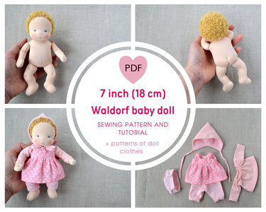 Collage showing a 7-inch Waldorf-style baby doll undressed and dressed in a pink outfit, and the doll's separate pink clothing pieces laid out.