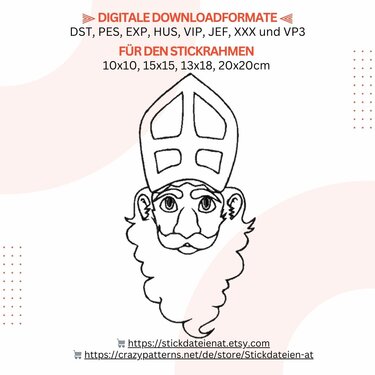 Nikolaus Stickdatei, Weihnachtliche digitale Stickvorlage in 4 Größen - Sticken