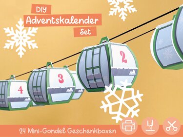Papier-Adventskalender mit nummerierten Mini-Gondel-Geschenkboxen an einer Schnur und Schneeflocken-Illustrationen