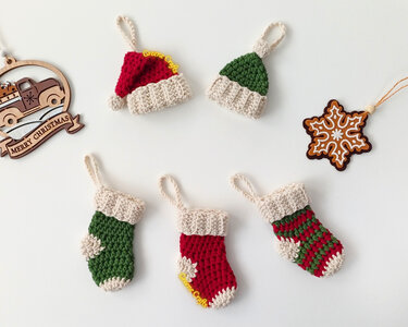 Crochet Pattern: Rustic Mini Christmas Stockings & Hats - Holiday Ornaments