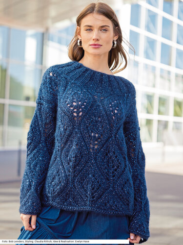 Pulli mit weiten Ärmeln im Ajourmuster in Dunkelblau - Stricken