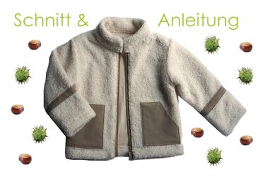 Beige-cremefarbene Teddyfelljacke für Baby oder Kind mit Reißverschluss, Stehkragen und braunen aufgesetzten Taschen, dekoriert mit Kastanien