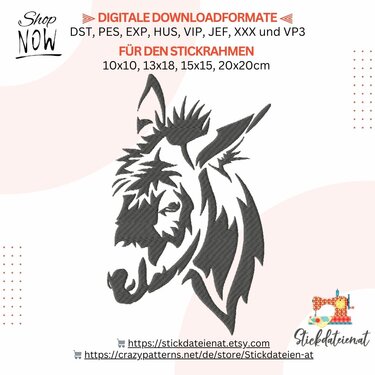 Moderne Esel Stickdatei, Eselkopf digitale Stickvorlage, Bauernhof - Sticken