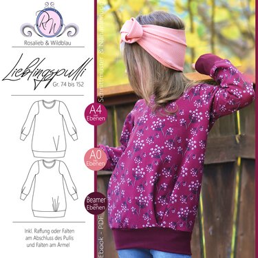 Rückansicht eines Kindes in dunkelrosa Pullover mit Beerenmuster und rosa Stirnband, daneben technische Schnittzeichnungen