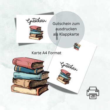 Ausgedruckte Klappkarte mit dem Schriftzug „Gutschein“, einem gezeichneten Bücherstapel und einem Drucker-Symbol