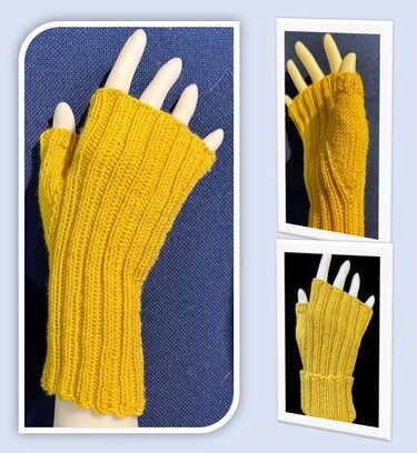 Gelbe, gerippte fingerlose Strickhandschuhe an einer weißen Schaufensterpuppe; drei Detailansichten vor blauem und schwarzem Hintergrund.