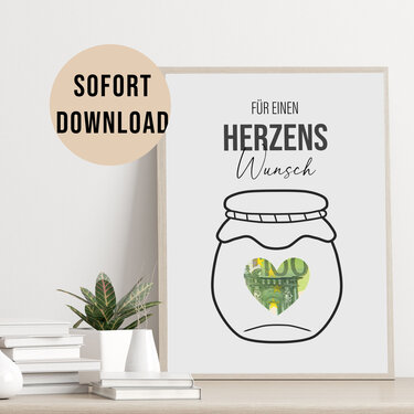 Poster mit Einmachglas-Skizze und herzförmigem Ausschnitt mit Geldschein, Schriftzug 'Für einen Herzens Wunsch' und 'Sofort Download'-Sticker