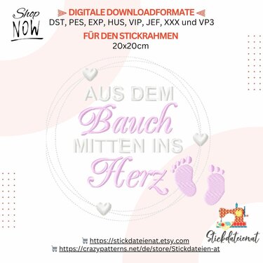 Stickdatei "Aus dem Bauch mitten ins Herz", Maschinenstickerei für Geburt - Sticken