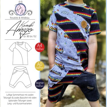 Kind trägt genähtes T-Shirt mit Comic-Print und Regenbogenstreifen sowie dunkle Sommerhose