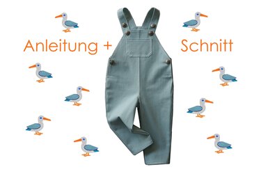 Hellblau-weiß gestreifte Latzhose für Babys und Kinder mit Schulterträgern, umgeben von Möwen-Illustrationen und dem Text „Anleitung + Schnitt“.