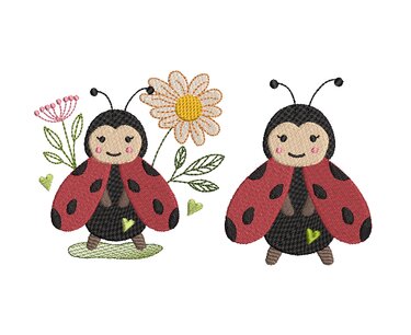 Zwei fröhliche gestickte Marienkäfer mit Blume, Herzdetails und grünen Blättern
