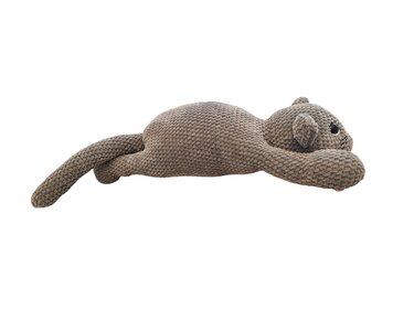 Gray crocheted amigurumi cat toy lying stretched out, side view