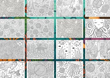 Grid aus mehreren Schwarz-Weiß-Ausmalvorlagen mit Unterwasser-Motiven: Meerjungfrau, Tintenfisch mit Garn, Schatztruhe, Korallen, Fische und Muscheln.