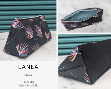 Kleine schwarze Reißverschlusstasche mit buntem Feder‑Muster und hellblauem Innenfutter