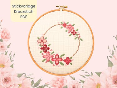 Stickvorlage PDF "Rosa Blumenkranz" Download Vorlage im Kreuzstich - Sticken