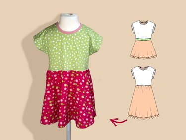 Kinderkleidmodell auf Puppe, hellgrünes Oberteil mit Punkten, pinker Rock mit Blumenmuster, daneben zwei Schnittmusterzeichnungen für Rockvarianten