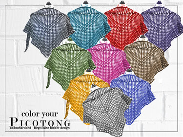 Mehrere farbige gehäkelte Dreieckstücher, übereinander angeordnet als Farbpalette