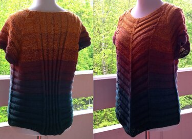 Vorder- und Rückansicht eines kurzärmeligen Damen-Strickshirts mit Chevronmuster vorne und Rippenstruktur hinten, Farbverlauf Orange–Burgund–Blaugrün