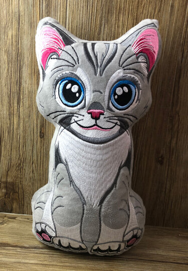 Graues ITH-Katzenkissen mit blauen Augen und rosa Ohren