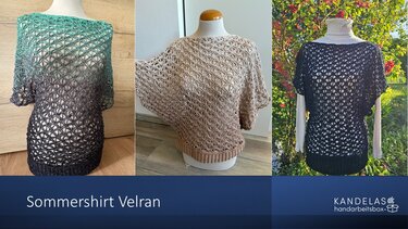 Drei gehäkelte Sommershirts in Türkis‑Schwarz, Beige und Schwarz mit Lochmuster und kurzen, weiten Ärmeln auf Büsten.