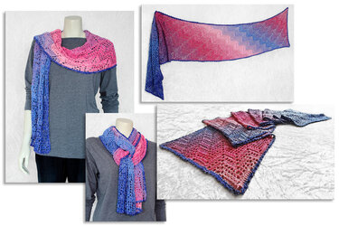 Gehäkelter Schal in Pink und Blau mit Farbverlauf und Zickzack‑Lochmuster, auf Büste präsentiert und flach ausgebreitet.
