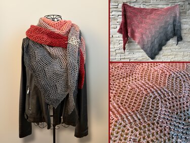 Red-to-gray gradient crocheted triangle shawl draped on a mannequin over a black jacket, with a close-up of the openwork stitch texture.