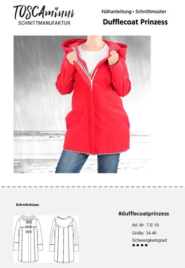 Schnittmusteransicht: roter Dufflecoat mit Kapuze oben, darunter technische Schnittskizzen