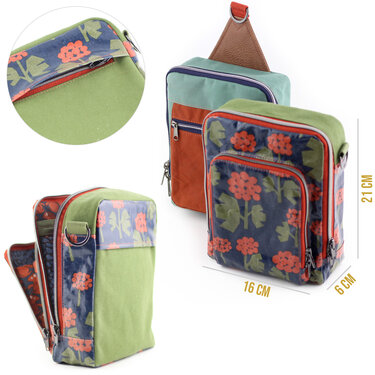 Grüne rechteckige Umhängetasche mit dunkelblauer Fronttasche und roten Blumen; Maße ca. 21×16×6 cm; offen und geschlossen gezeigt; im Hintergrund eine mintgrün-orangefarbene Slingbag.