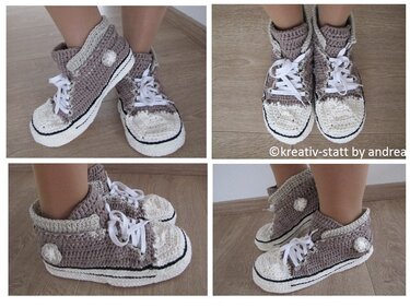 Gehäkelte High-Top-Sneaker-Hausschuhe beige und creme mit weißen Schnürsenkeln und schwarzem Sohlenstreifen, vier Ansichten
