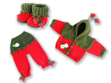 Gehäkeltes rot-grünes Baby-Set mit Kapuze, Hose und Schuhen, Erdbeer-Applikationen