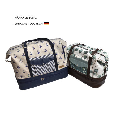 Zwei Reisetaschen mit Bodenfach, eine mit Anker-Print, eine mit Blattmuster, Nähanleitung auf Deutsch
