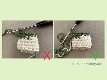 Side-by-side crochet swatches showing incorrect (left) and correct (right) color change and join using white and green yarn.