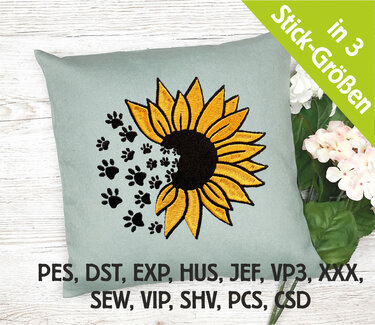 Stickdatei Sonnenblume mit Hundepfoten in 6 Größen, Maschinenstickdatei - Sticken