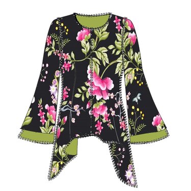 Schnittmuster Tunika schwarz mit floralem Print, weiten Ärmeln und asymmetrischem Saum