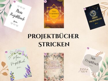 Collage mit sechs verschiedenen Cover-Designs für Projektbücher zum Thema Stricken und dem Schriftzug ‚PROJEKTBÜCHER STRICKEN‘ in der Mitte