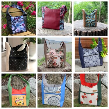Collage aus neun handgemachten Stofftaschen mit verschiedenen Mustern, Farben und Außentaschen mit Reißverschluss.