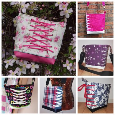 Collage kompakter Umhängetaschen mit seitlicher Schnürung, verstellbaren Gurten und kontrastfarbigen Böden