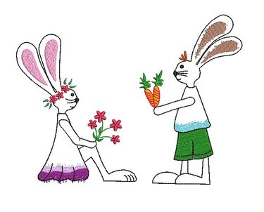 Stickdatei: zwei Hasen mit Blumen und Karotten