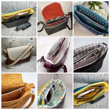 Collage aus neun Fotos: selbstgenähte Umhängetaschen mit geöffneten Innenteilen, Fächern und unterschiedlichen Mustern.