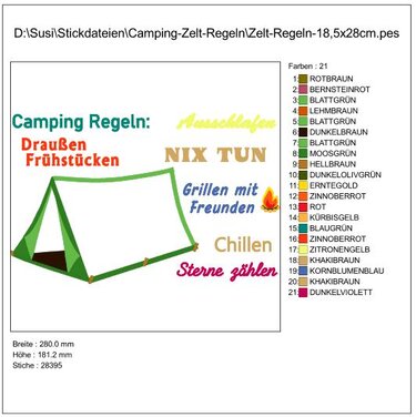 Zelt - Camping Regeln Stickdatei - Sticken
