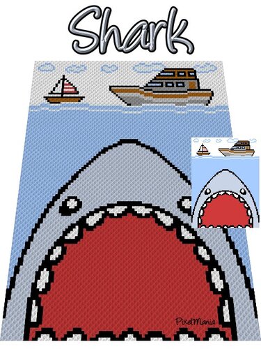 Pixelhäkelmuster eines großen Hais mit offenem Maul und zwei Booten auf hellblauem Wasser
