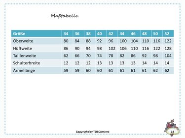 Maßtabelle mit Werten für Oberweite, Hüfte, Taille, Schulterbreite und Ärmellänge von Größe 34 bis 52