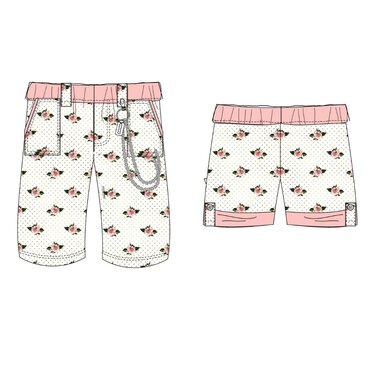 Zwei Schnittmusterzeichnungen für Kinderhosen: Caprihose und Shorts mit Rosen- und Tupfenmuster und rosa Bündchen.