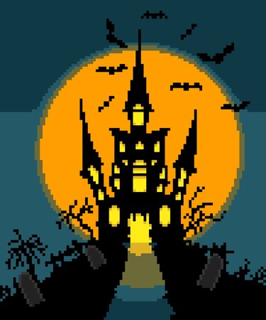 Pixelart Spukschloss vor orangefarbenem Vollmond mit Fledermäusen